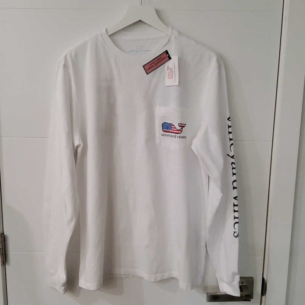 Vineyard Vines White Long Sleeve Flag Whale Pocket Tee Size S - Picture 3 of 13